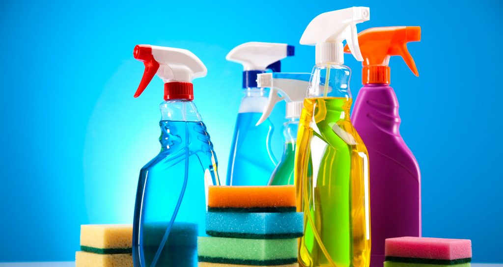 Bottles of cleaning products used for couch cushions