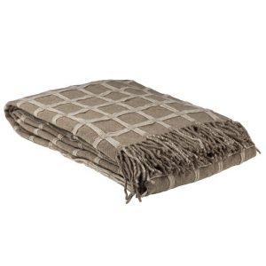 Light brown throw blanket that has criss cross pattern
