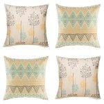 4 cushion cover set featuring light backgrounds and stunning thin lined patterns in teal yellow and dark red