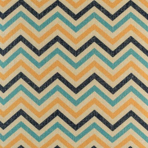 Close up of blue and yellow chevron cushion cover