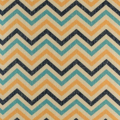Close up of blue and yellow chevron cushion cover