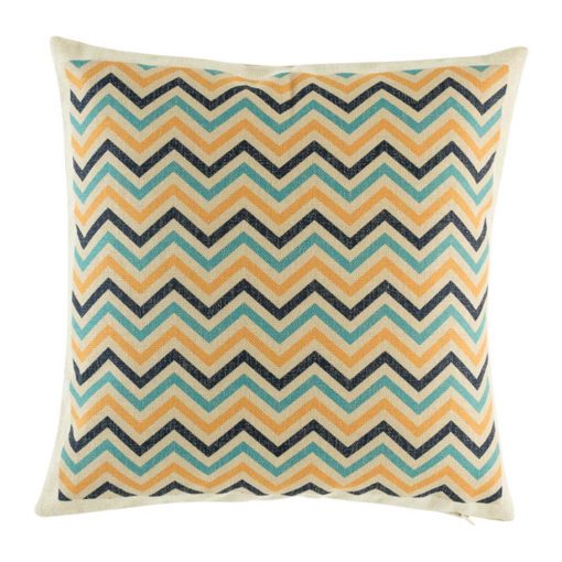Blue and yellow zig zag pattern on cushion cover
