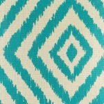 Close up view of teal coloured cushion cover with geometric shapes
