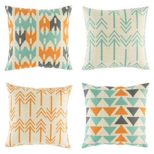 4 cushion cover set in bright teal and orange patterns