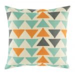 Cushion cover with teal and orange triangle designs