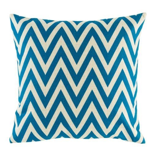 Blue zig zag cushion cover on cotton linen fabric