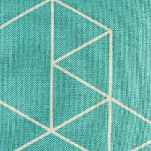 Close up showing angled pattern on teal blue central square of cushion cover