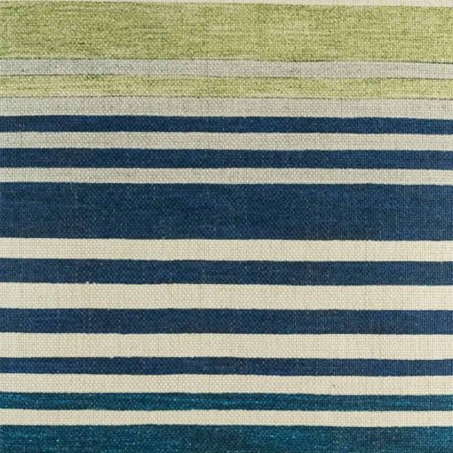Close up of striped decorative cushion cover showing blues and greens