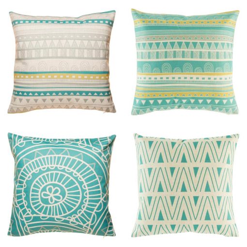 Collection of four cushion covers with teal and yellow accents