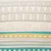 Close up of grey cushion cover with teal and yellow accents