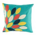Green blue cushion with yellow, navy and red pattern