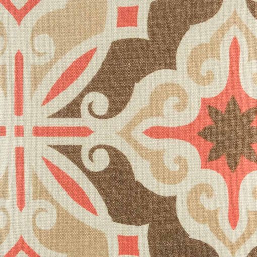 Close view of brown and red pattern on cushion cover