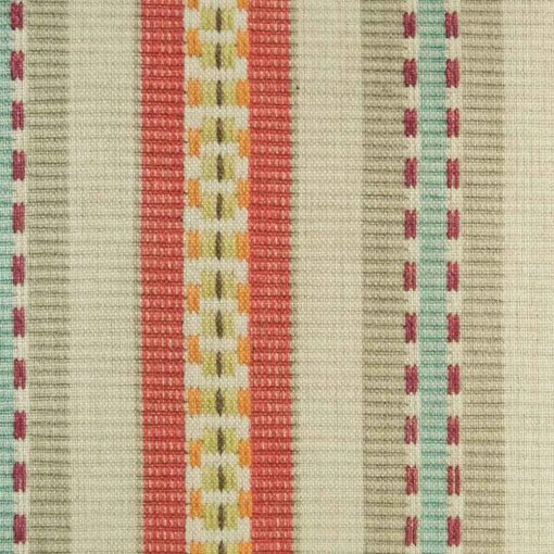 Close up view of striped cushion showing red and orange colours