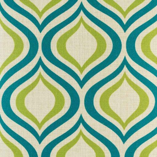 Close up of teal and green geometric shapes on cushion cover