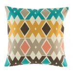 Patterned cushion with gold, grey and teal colours