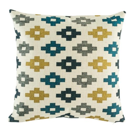 Checked decorative cushion cover with blue and yellow accents