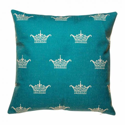 Teal coloured cushion cover with crown pattern