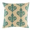 Natural coloured cushion with teal pattern