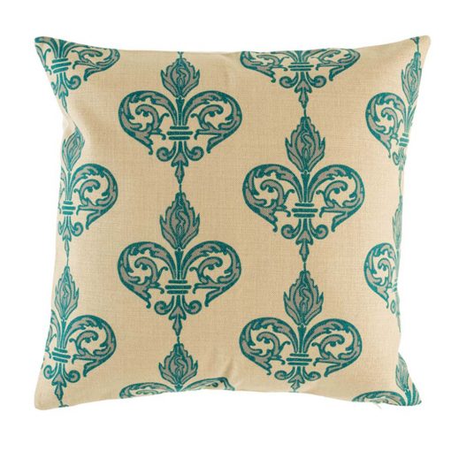 Natural coloured cushion with teal pattern