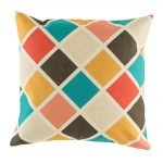 Colourful diamond pattern on cushion cover in teal red yellow and pink