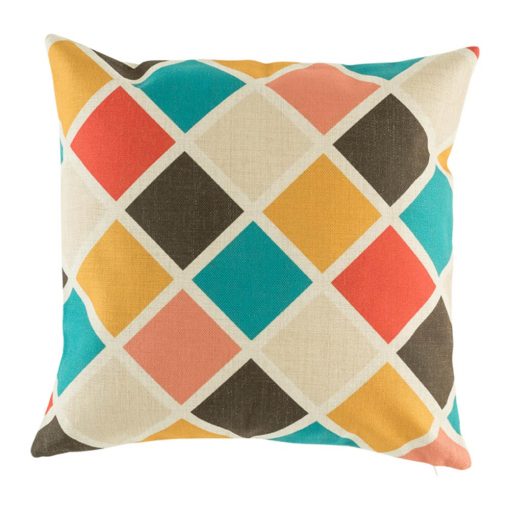 Colourful diamond pattern on cushion cover in teal red yellow and pink
