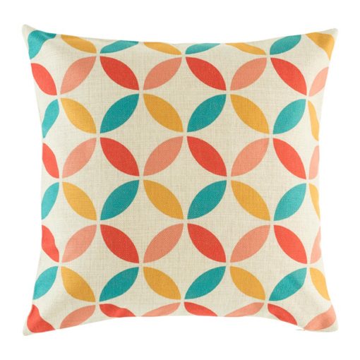 Cushion cover with overlapping circle design in yellow, pink, red and teal