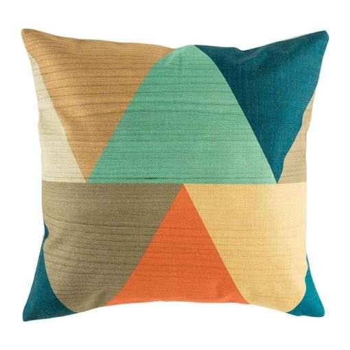 Cushion cover with bold large triangle shapes in orange teal and dark blues