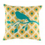 Bright teal bird on yellow background