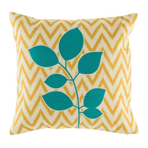 Yellow chevron cushion cover with teal leaf pattern