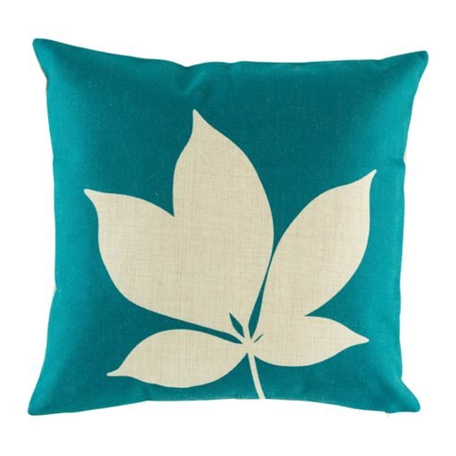 Teal cushion cover with leaf print