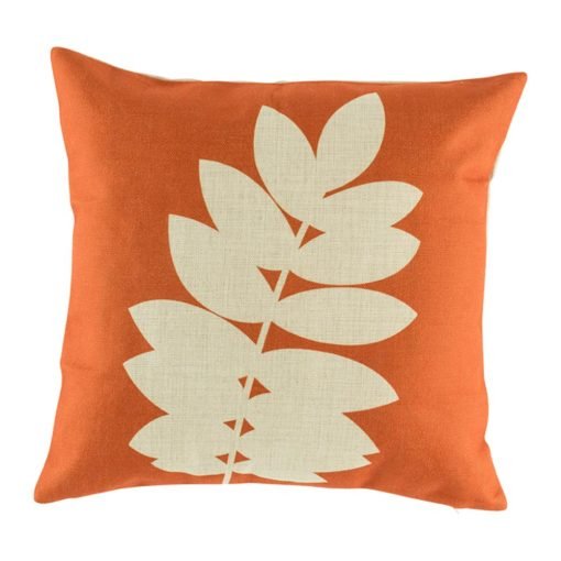 Orange cushion cover with leaf print