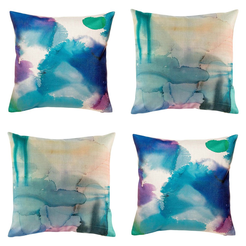Four cushion covers with tie dyed blue prints