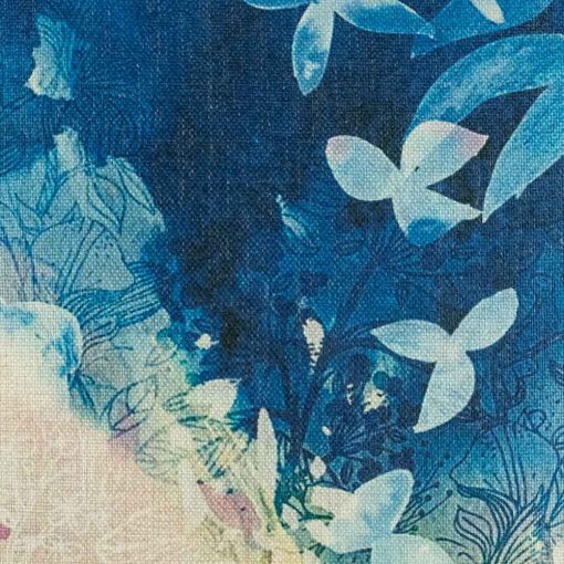 Close up showing blue painted scene of cushion