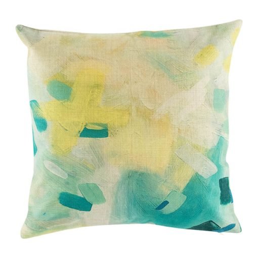 Abstract colouring in yellow and blue green on cushion cover