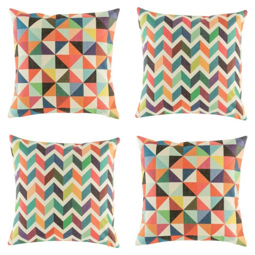 Collection of four colourful cushion covers with diamond and chevron patterns