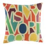 Rainbow coloured cushion cover with words rainbow is my favourite