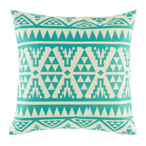 Teal coloured cushion cover with geometric patterning