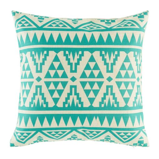 Teal coloured cushion cover with geometric patterning