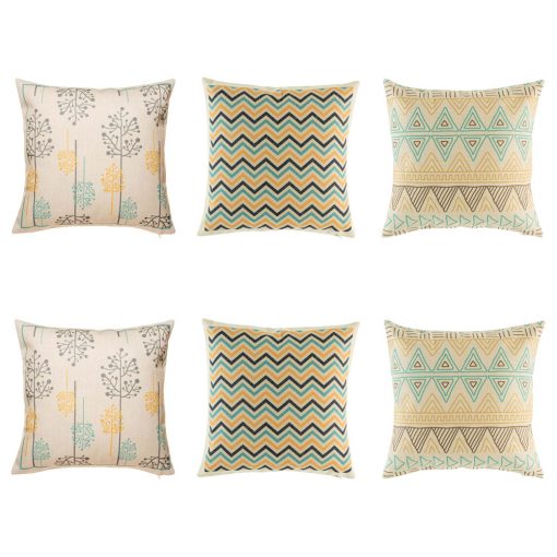 Appealing 6 cushion cover set with chevron, aztec and tree designs in blue, yellow and grey colours
