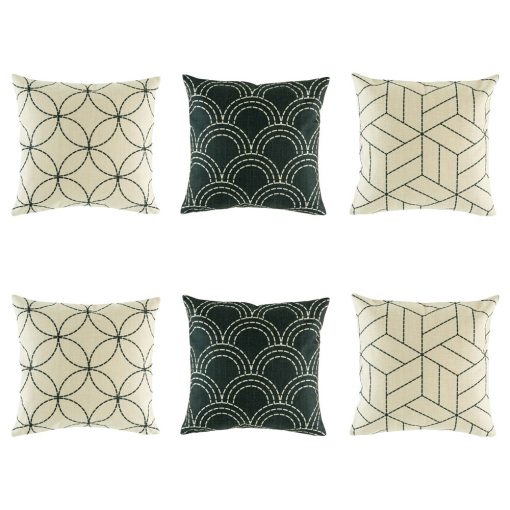 Sophisticated 6 cushion cover set with light black lines and 2 dark cushion with light shell design