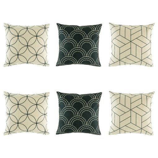 Sophisticated 6 cushion cover set with light black lines and 2 dark cushion with light shell design