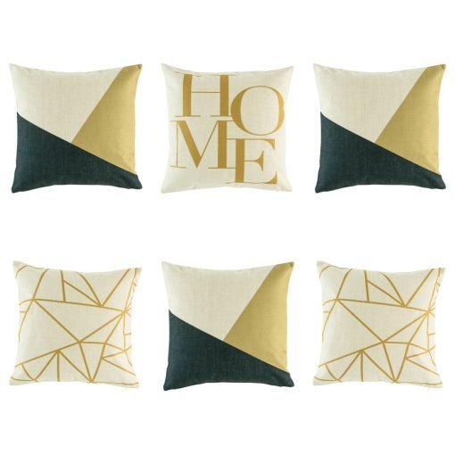 Classy 6 cushion cover set with dark blue/black and yellow colouring offset with light yellow lines and HOME text on the feature cushion