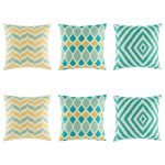 Bold 6 cushion cover set with blue diamond, blue and yellow wave and teal and yellow chevorn