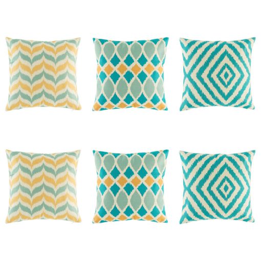 Bold 6 cushion cover set with blue diamond, blue and yellow wave and teal and yellow chevorn