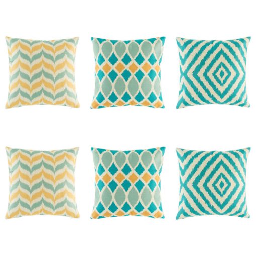 Bold 6 cushion cover set with blue diamond, blue and yellow wave and teal and yellow chevorn