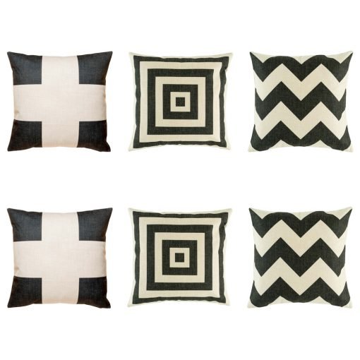 6 corby cushion collection with 2 cushions with black cross motif, black chevron and repeating black square pattern