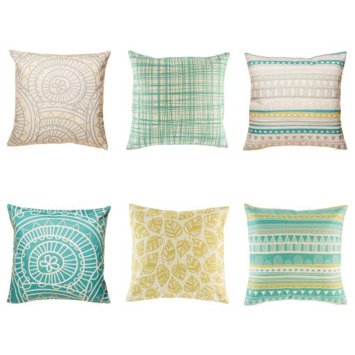 6 cushion cover collection that has individual dakota designs all with teal, yellow and grey