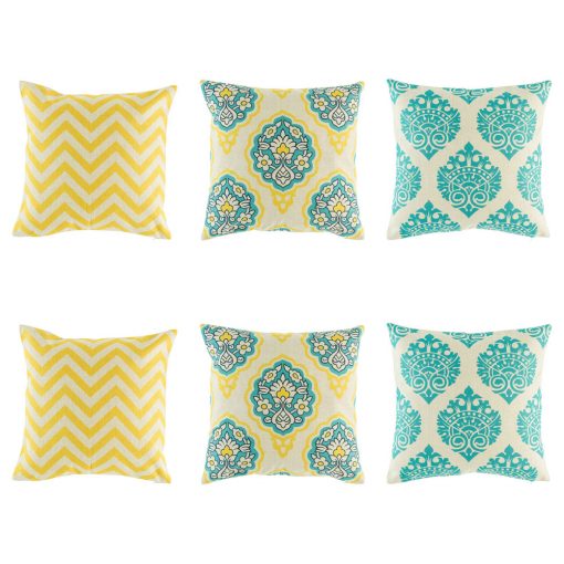 6 cushion cover set with yellow chevron x 2, yellow and teal floral emblem x 2 and teal royal swirl cushion x 2