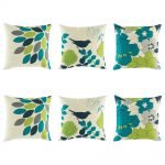 Fresh 6 cushion cover collection with teal, dark blue, green colours and leaf, flower and bird images