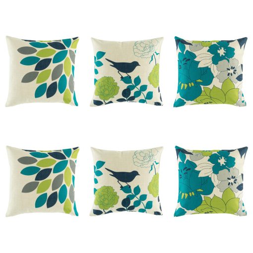 Fresh 6 cushion cover collection with teal, dark blue, green colours and leaf, flower and bird images